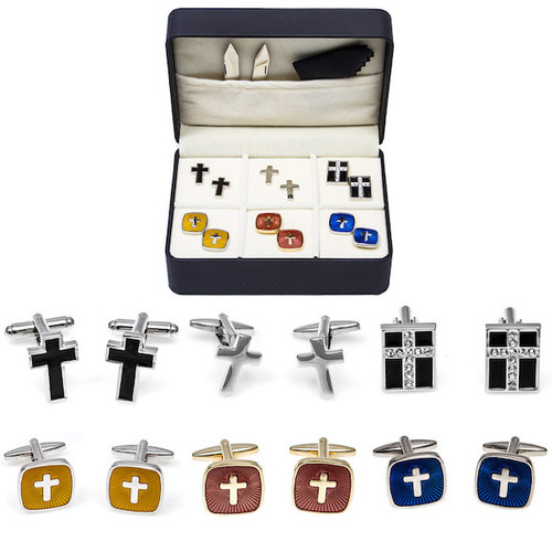 6 Pairs Assorted Cross Cufflinks Gift set with presentation gift box, collar tabs and polishing cloth