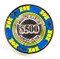$500 casino poker chip cufflinks blue green and yellow color close up image