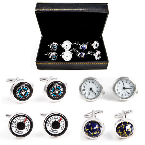 4 Pairs Assorted Traveler's Cufflinks Gift Set shown close up with all styles on display in the front