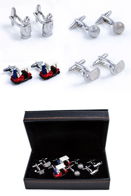4 pairs assorted golfer theme cufflinks gift set includes putter club cuff links; golf cart cufflinks; golf ball cufflinks and golf bag cufflinks; displayed as pairs in front of the presentation gift box close up image