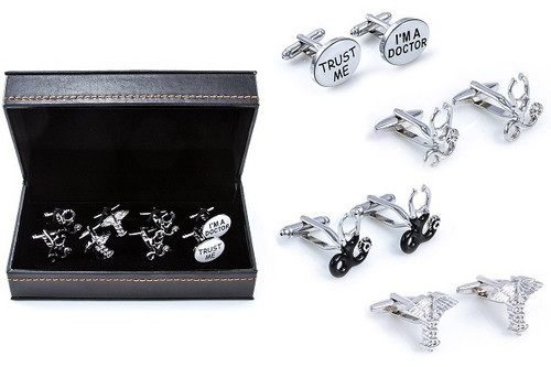 4 pairs of assorted medical doctor cufflinks shown as pairs on display beside the presentation gift box