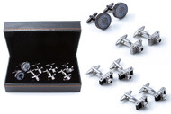 4 pairs of photography camera cufflinks gift set shown on display as pairs beside the presentation gift box