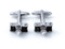 black camera cufflinks with crystal aperture shown as a pair close up image