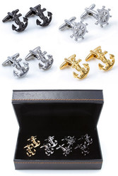 4 pairs assorted boating cufflinks gift set includes silver anchor cufflinks; gun metal anchor cufflinks; gold anchor cufflinks; silver ship wheel cufflinks, all displayed in a presentation gift box close up image