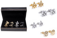 4 pairs of assorted masonic symbol cufflinks gift set features gold and silver designs displayed next to a high quality presentation gift box