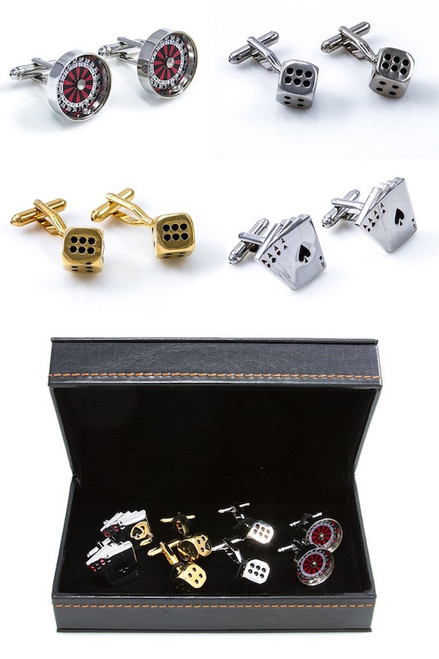 4 pairs assorted Casino dice, poker card, roulette wheel cufflinks gift sets with presentation gift box