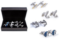 4 pairs assorted fish cufflinks gift set with presentation gift box includes:
1 pair Big Mouth Bass cufflinks
1 pair silver trout cufflinks
1 pair rainbow trout cufflinks
1 pair blue angelfish cufflinks
1 polishing cloth