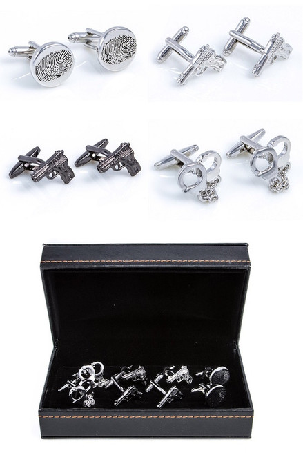 4 pairs assorted police detective cufflinks gift set displayed along side the presentation gift box