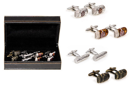 4 pairs assorted cuban cigar cufflinks gift set shown with cigar cufflink pairs beside the presentation gift box