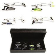 4 pairs of construction tools cufflinks gift set includes:
1 pair silver saw cufflinks
1 pair neon green level cufflinks
1 pair blue level cufflinks
1 pair silver hammer cufflinks