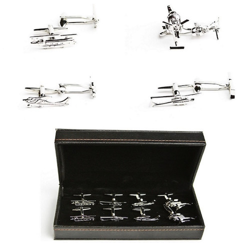 4 pairs helicopter cufflinks gift set displayed in pairs beside presentation gift box.