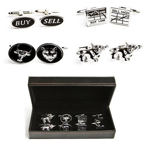 4 pairs assorted stock market theme cufflinks gift set with presentation gift box includes:
1 pair buy sell cufflinks
1 pair buy low sell high graph cufflinks
1 pair bull and bear cufflinks
1 pair charging bull cufflinks