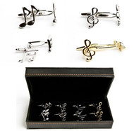 4 pairs assorted musical symbols & music notes cufflinks gift set displayed in pairs beside the presentation gift box close up image.