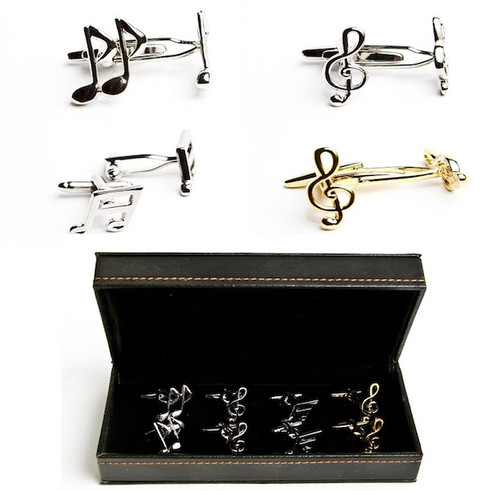 4 pairs assorted musical symbols & music notes cufflinks gift set displayed in pairs beside the presentation gift box close up image.