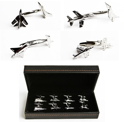 4 pairs assorted jet air plane cufflinks with presentation gift box displayed beside the cufflinks gift box