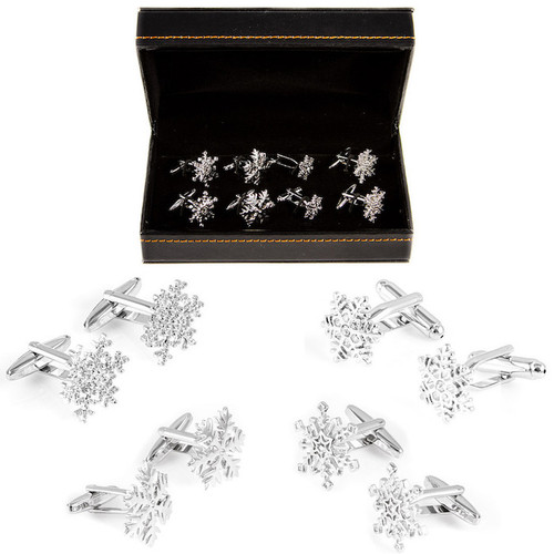 4 Pairs Assorted Snowflake Cufflinks Gift Set with presentation gift box close up image