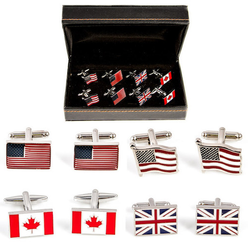 4 Pairs Assorted Flag Cufflinks Gift Set with presentation gift box includes
1 Pair Canadian Maple Leaf Flag Cufflinks
1 Pair United Kingdom Great Britain Flag Cufflinks
1 Pair Flag Of USA Cufflinks wavy design
1 Pair American Flag Cufflinks