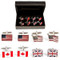 4 Pairs Assorted Flag Cufflinks Gift Set with presentation gift box includes
1 Pair Canadian Maple Leaf Flag Cufflinks
1 Pair United Kingdom Great Britain Flag Cufflinks
1 Pair Flag Of USA Cufflinks wavy design
1 Pair American Flag Cufflinks