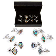 4 Pairs assorted Abalone cufflinks Gift set displayed in front of the presentation gift box close up image