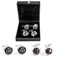 2 Pairs World Traveler Cufflinks Gift Set includes spinning globe cufflinks & working N S E W directional Compass cufflinks shown as pairs displayed outside the presentation gift box close up image