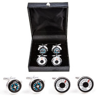 2 pairs of Compass & Thermostat Celsius Fahrenheit Temperature cufflinks gift set with presentation gift box close up image