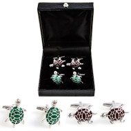 2 Pairs Green Turtle and Brown Tortoise Cufflinks Gift Set with presentation gift box close up image