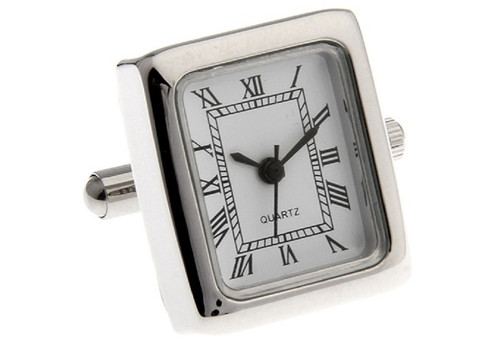 working watch cufflinks rectangle shape white face with roman numerals close up image