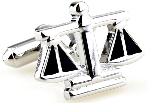 silver and black scales of justice cufflinks close up image