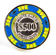 $500 poker chip cufflinks blue green and yellow colors close up image