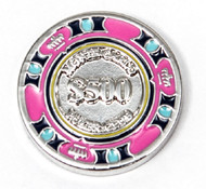 pink aqua and black $500 poker chip cufflinks close up image