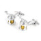 2 tone silver & gold fishing reel cufflinks shown as a pair left side angle view close up image