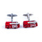 little red engine fire truck cufflinks shown as a pair side by side view close up image