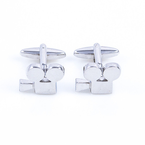 Vintage style Hollywood movie camera cufflinks shown as a pair close up image