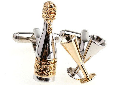 gold & silver champagne bottle with champagne flute cufflinks close up image