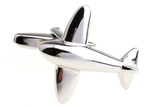 smooth shiny silver jet airplane cufflinks close up image
