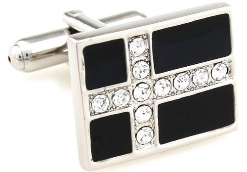 black enamel square crystal cross cufflinks close up image