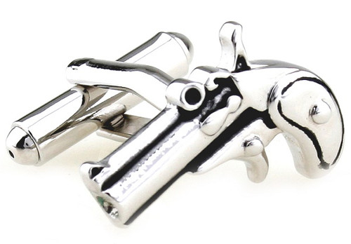 black and silver Derringer pistol cufflinks close up image