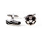 black and silver soccer cleat soccer ball cufflinks shown as a pair close up image