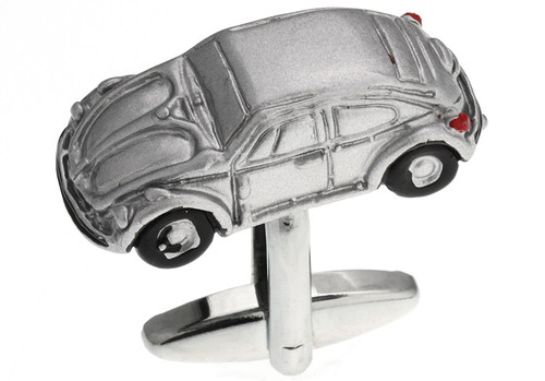 Silver VW Beetle cufflinks; VW Bug cufflinks close up image