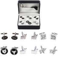 6 pairs wall street stock broker cufflinks gift set; buy sell cufflinks; gun metal bull cufflinks; buy low sell high cufflinks;bull and bear button cufflinks; silver bull cufflinks; running bull cufflinks on display