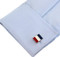 French Flag Cufflinks; Flag of France Cufflinks displayed on a white shirt cuff close up image