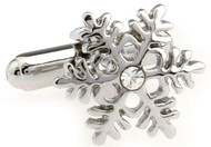 silver snowflake cufflinks with single center crystal close up image