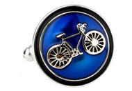 Round Blue enamel with silver bike Bicycle Cufflinks round disc button style close up image