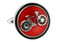 Round red button style cufflinks with silver bike in the center close up image