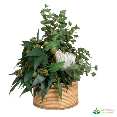 Artificial Eucalyptus leaf and flower arrangement