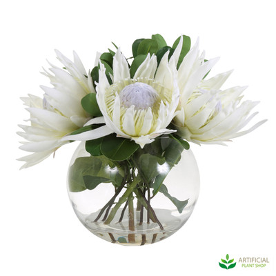 Artificial White Protea Flowers with glass vase