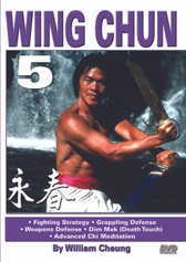 Sifu William Cheung, longtime friend and training partner of legendary Bruce Lee, has reveals in this original “Ancient Warrior Productions” series, the intricate aspects of the traditional Wing Chun system as taught directly by his teacher, the Grandmaster Yip Man. This five-part series includes three empty-hand forms, reflex training, chi sao, wooden dummy, butterfly-sword and dragon-pole forms, the B.O.E.C. fighting strategy and much more.
Volume 5 covers Wing Chun fighting strategy, grappling defense, weapons defense, an introduction to Dim Mak (death touch) and advanced Chi meditation. 
