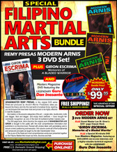 MODERN ARNIS & "GIRON ESCRIMA" DVD/BOOK BUNDLE
by Grandmasters Remy Presas & Leo Giron 
Grandmaster Remy Presas takes you beyond the theory and into the real world of practical Arnis, teaching you techniques that have been tried and proved to be highly effective in real-life situations. He was one of the most relevant Arnis-Eskrima-Kali masters around the world and one of the premier stick fighters. His studies led him to combine - in one system - the best combat methods found in the different local fighting styles from the Philippines islands and named it “Modern Arnis”. Grandmaster Presas worked with many Law Enforcement agencies around the world teaching them armed and unarmed self-defense techniques. His mastery in the several categories of the art: single stick, double stick, knife and dagger, stick and dagger and empty hand methods – brought him worldwide recognition as one of the best Arnis/Eskrima/Kali masters ever lived. This original “Ancient Warrior Production” series represents Grandmaster Presas´ classic Filipino Martial Arts legacy.

Volume 1 includes stick attacks, blocking methods, evasive techniques, takedowns and unarmed self-defense techniques. (Approx. 50 min.) 

Volume 2 includes evasive footwork, fundamentals, blocking and checking attacks, empty-hand fighting, throwing and trapping. (Approx. 60 min.)

Volume 3 includes disarming attackers, counterstrikes, proper knife techniques and using weapons to disarm an assailant. (Approx. 55 min.) 