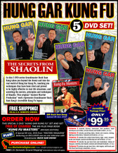 HUNG GAR KUNG FU
by Grandmaster Buck Sam Kong
 Sifu Buck Sam Kong is one of the foremost experts on hung gar kung fu and a highly respected member of the Black Belt Hall of Fame. In this series Grandmaster Buck Sam Kong takes you beyond the theory and into the real world of Hung Gar Kung Fu, teaching you techniques that have been tried and proved to be highly effective in real-life situations. This original “Ancient Warrior Production” work represents Grandmaster Buck Sam Kong´s Kung Fu legacy.

Volume 1 includes stances, maneuvers, foot positions, hand techniques and strikes, circular blocks and breath control. (Approx. 57 min.)  
Volume 2 includes punching styles, blocks and evasion, kicking, fighting combinations, footwork and balance. (Approx. 57 min.)
Volume 3 includes five animal hand forms: tiger, crane, leopard, snake and dragon; special conditioning and self-defense. (Approx. 57 min.)
Volume 4 includes lau gar kuen form and breakdown, history of hung gar, courtesy and respect, stances and intricate footwork. (Approx. 57 min.) 
Volume 5 includes lau gar kuen form, vital targets, skill levels and Sifu Buck Sam Kong’s viewpoints. (Approx. 58 min.)

 