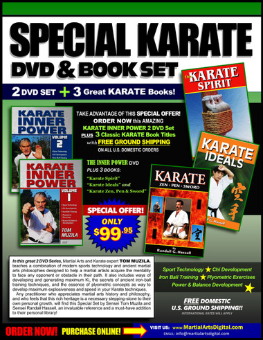 When it comes to achieving a goal, strength of the mind – not the size of the person – is what counts. Everyone possesses this energy: it just needs to be tapped, Known as “Chi” or “Ki”, this inner energy helps martial artists to achieve apparently superhuman feats. In this 2 DVD Series, Martial Arts and Karate expert, Tom Muzila, teaches a combination of modern sports technology and ancient martial arts philosophies designed to help a martial artists acquire the mentality to face any opponent or obstacle in their path. It also includes ways of developing and generating maximum chi instantly, the secrets of ancient iron-ball training techniques, and the essence of plyometric concepts as way to develop maximum explosiveness and speed in your Karate techniques. 
Includes: 
Sport Technology 
Chi Development
Iron Ball Training
Plyometric Exercises
Power & Balance Development
The Set includes 3 classic book titles: "Karate Spirit", "Karate: Zen, Pen and Sword" and "Karate Ideals" by Sensei Randall Hassell. 
